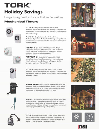 NSi Industries TORK RTN312 Indoor 15-Amp Plug-in Heavy Duty Mechanical Appliance Timer 24-Hour Programming – GREEN & RED Trippers TWO Receptacles White