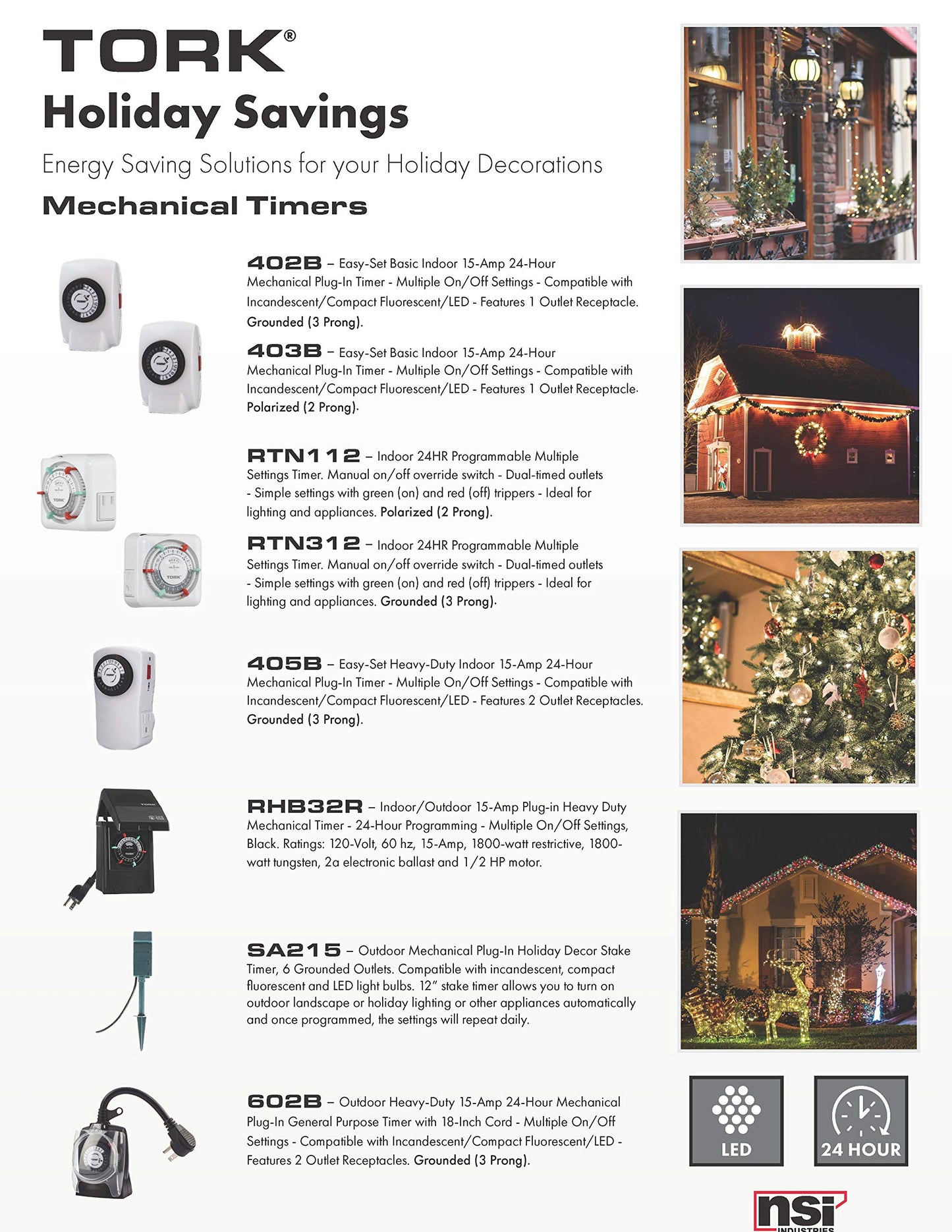 NSi Industries TORK RHB32R Indoor/Outdoor 15-Amp Plug-in Heavy Duty Mechanical Timer 24-Hour Programming – GREEN & RED Trippers TWO Receptacles Black Cover