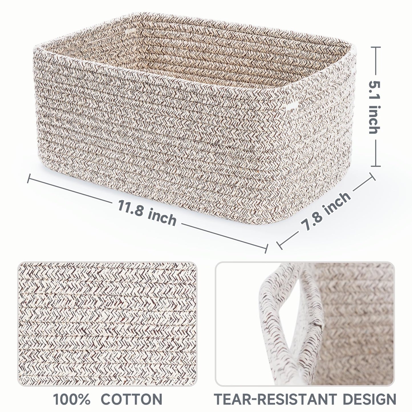 Maxuni 3-Pack Small Storage Baskets for Organizing | Woven Shelf Toy Basket | Rope Baskets for Gifts Empty | Closet Organizer Bins with Handles | Cube Decorative Box | 11.8×7.8×5.1” | Mixed brown