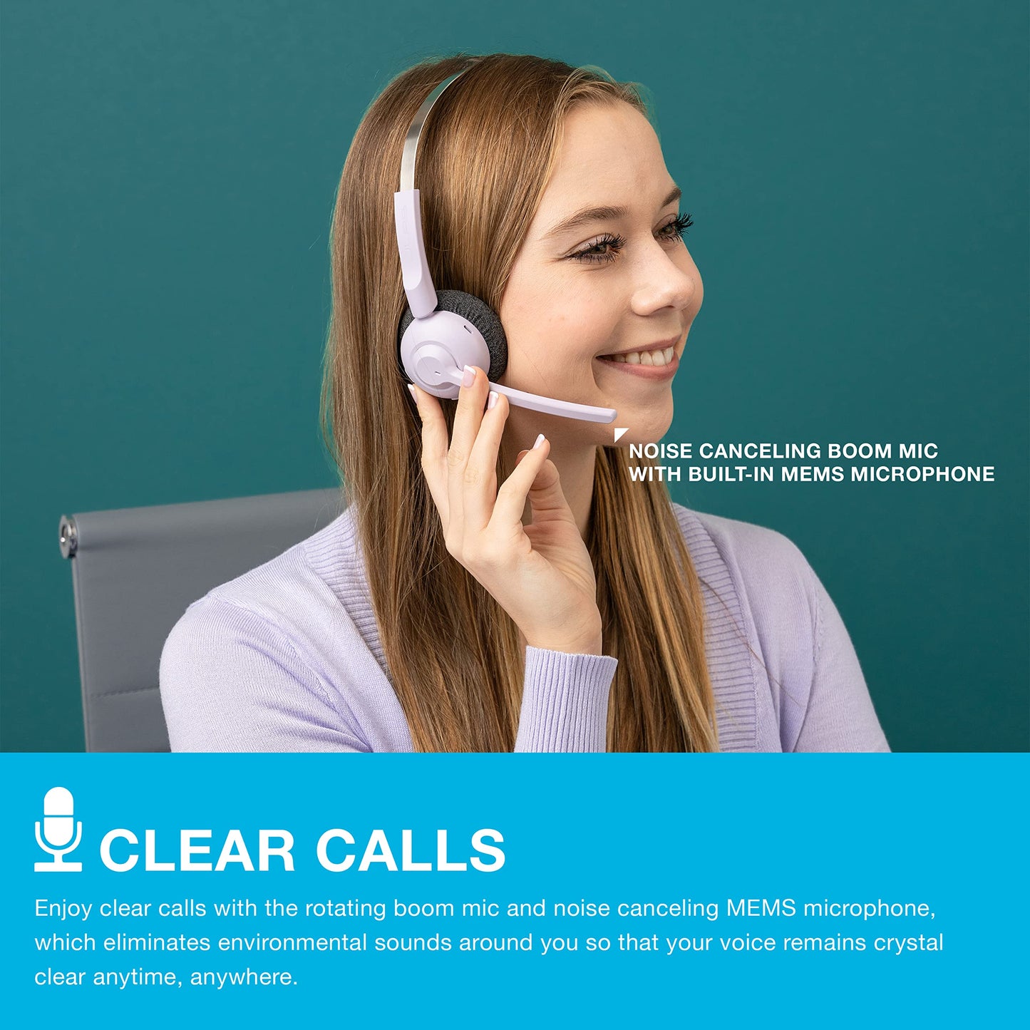 JLab Go Work Pop On-Ear Wireless Headset, Lilac, 50+ Hours Playtime, Bluetooth Multipoint, Rotating Boom Mic, Noise Canceling MEMS Microphone, Light-Weight and Portable, for PC/Mac or Mobile