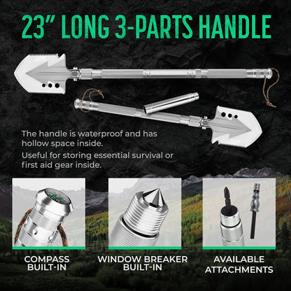 PATHWAY NORTH Survival Shovel and Camping Axe – Stainless Steel Tactical Survival Multi-Tool and Survival Hatchet Equipment for Outdoor Hiking Camping Gear, Hunting, Backpacking Emergency Kit(Silver)