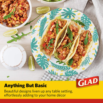Glad Round Disposable Paper Plates, Palm Leaves Pattern - Strong, Sturdy, Soak Proof, and Microwavable Decorative Plates for Dinner and Everyday Use, 8.5 Inch, 50 Count - 12 Pack