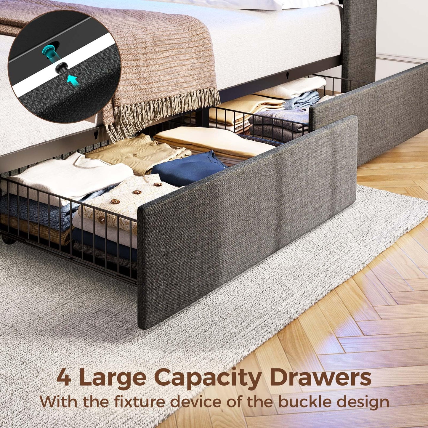 Rolanstar Twin Size Bed Frame with LED Lights and Charging Station, Upholstered Bed Storage Headboard & Drawers, Heavy Duty Wood Slats, Easy Assembly