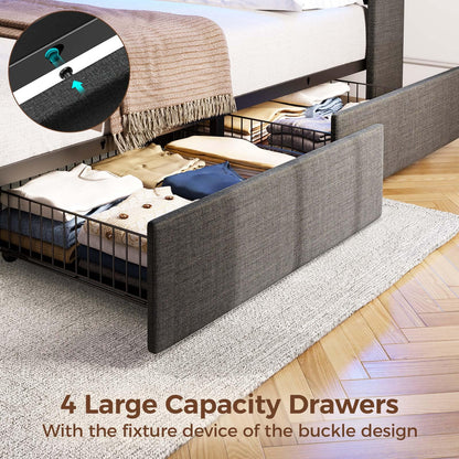 Rolanstar Twin Size Bed Frame with LED Lights and Charging Station, Upholstered Bed Storage Headboard & Drawers, Heavy Duty Wood Slats, Easy Assembly