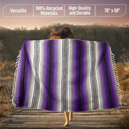 Hydration Nation Authentic Extra Large Mexican Blanket (70"x50") - Handwoven Yoga, Serape - Artisanal Falsa, Beach, Camping, Picnic, Outdoor (Purple)