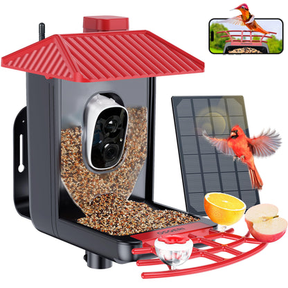 Osoeri Bird Feeder with Camera, Smart AI Identify Wild Bird Feeders Camera, 1080P Auto Capture Bird's Video & Motion Detection, with DIY Add-ons & Hummingbird Feeder, Gifts for Bird Lover (Red Black)