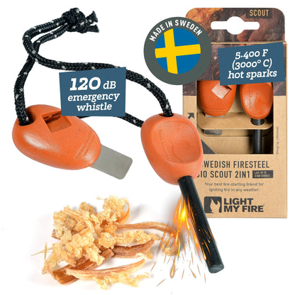 Light My Fire Fire Steel Scout - Magnesium Fire Starter Kit, 3000 Strikes, Waterproof, Bushcraft Gear, Emergency Survival Tool with Whistle & Cord