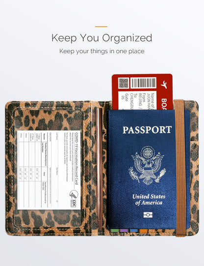 Mymazn Leopard Passport Holder Passport Case Travel Wallet with Vaccination Card Holder Passport Cover with RFID Blocking Clear Pocket For Photo (leopard)