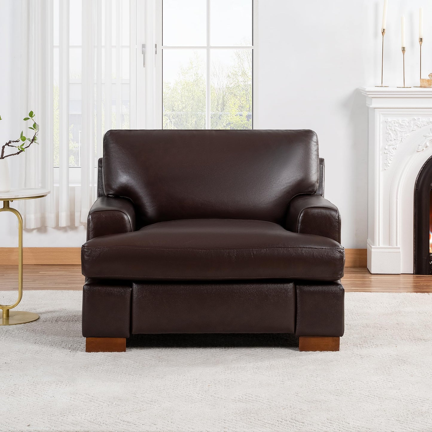 Naomi Home Siggy Genuine Leather Sofa - Set of 3 Luxurious Comfort, Goose Feather Cushion Filling, Square Arm Design, Sturdy Block Legs, Elegant Espresso - Ideal for Living Room, Office, or Bedroom