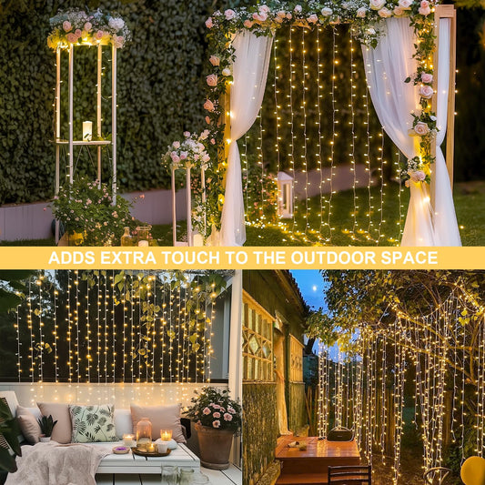 JMEXSUSS 300 LED Remote Control Curtain Lights, Plug in Fairy Curtain Lights Outdoor, Window Wall Hanging String Lights for Bedroom Backdrop Wedding Party Indoor Christmas Patio Dorm Decor, Warm White