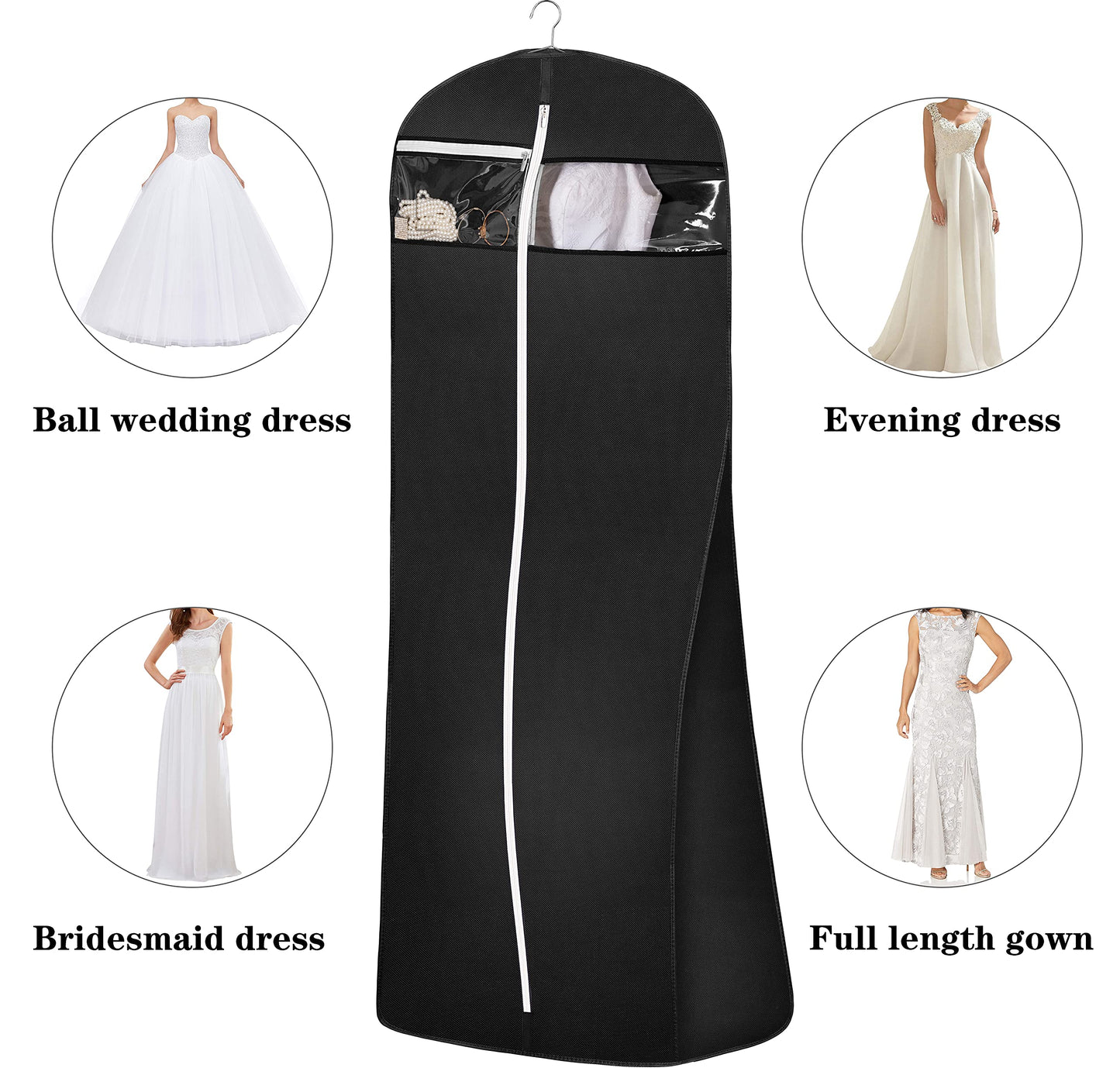 MISSLO 70" Bridal Wedding Gown Dress Garment Bag with Accessories Pouch Large Travel Garment Cover 8" Gusset (Back)