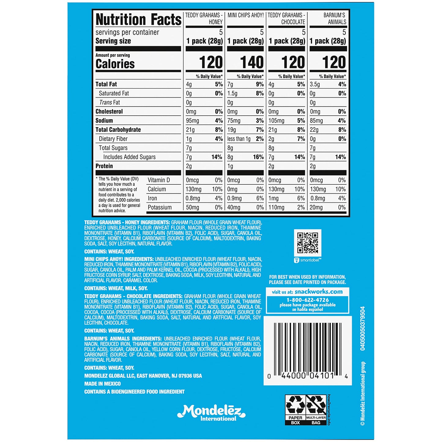 Nabisco Fun Shapes Variety Pack, Barnum's Animal Crackers, Teddy Grahams and CHIPS AHOY! Cookies, 20 Snack Packs