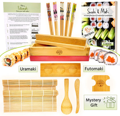 GROW YOUR PANTRY Sushi Making Kit With 2 Bamboo Sushi Rolling Mat, Rice Shaping Tool, Maki Maker, Maki Shaper, Condiment Tray, Chopsticks, and Rice Paddle - Sushi Making Kit for Beginners