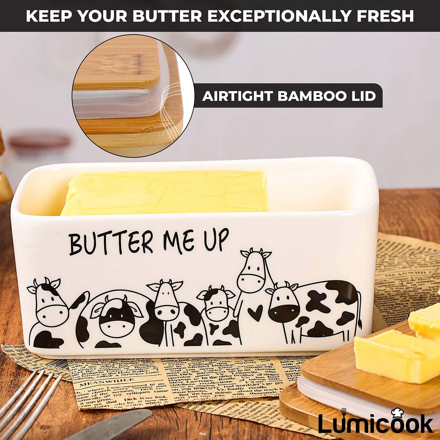 Lumicook Porcelain Butter Dish with Lid, Natural Bamboo Lid, Seal, Cow Butter Holder, Easily Fits 2 Sticks of Butter (Butter me up)