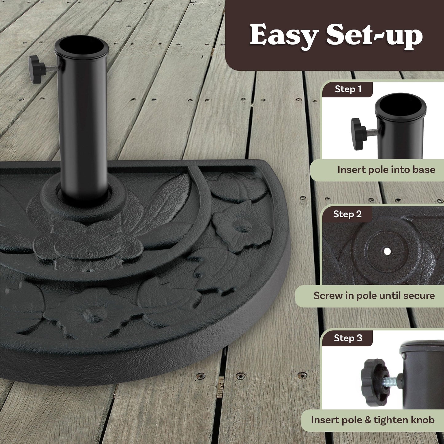 Half Round Umbrella Base - 20lb Weighted Semicircle Freestanding Resin and Concrete Umbrella Stand for Outdoor Use by Pure Garden (Black)