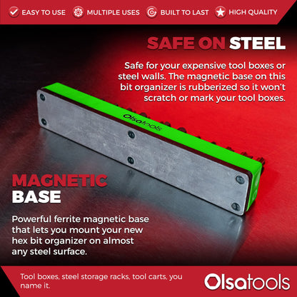 Olsa Tools Hex Bit Organizer with Magnetic Base - Green Holder for Drill, Tamper, and Specialty Bits - Compact Magnetic Storage Solution - Part 1140