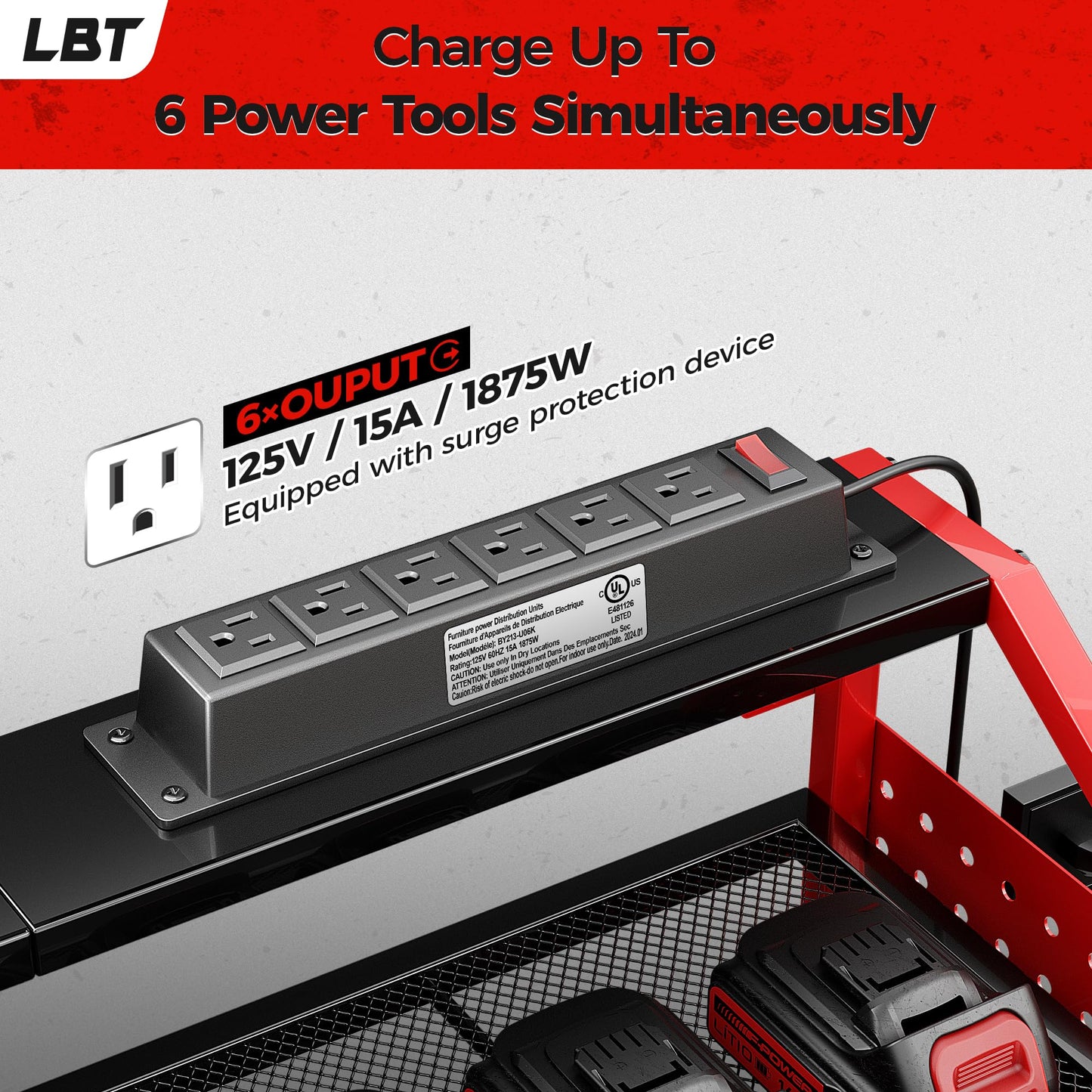 LBT Power Tool Organizer With Charging Station,Patented,Heavy Duty Steel,6 Drilling Rig Sizes With Hooks And Screw Boxes,6 sockets,Easy To Install Garage Storage Rack,Great Gift For Men, Red