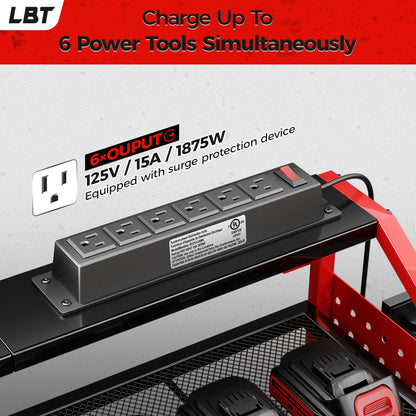 LBT Power Tool Organizer With Charging Station,Patented,Heavy Duty Steel,6 Drilling Rig Sizes With Hooks And Screw Boxes,6 sockets,Easy To Install Garage Storage Rack,Great Gift For Men, Red