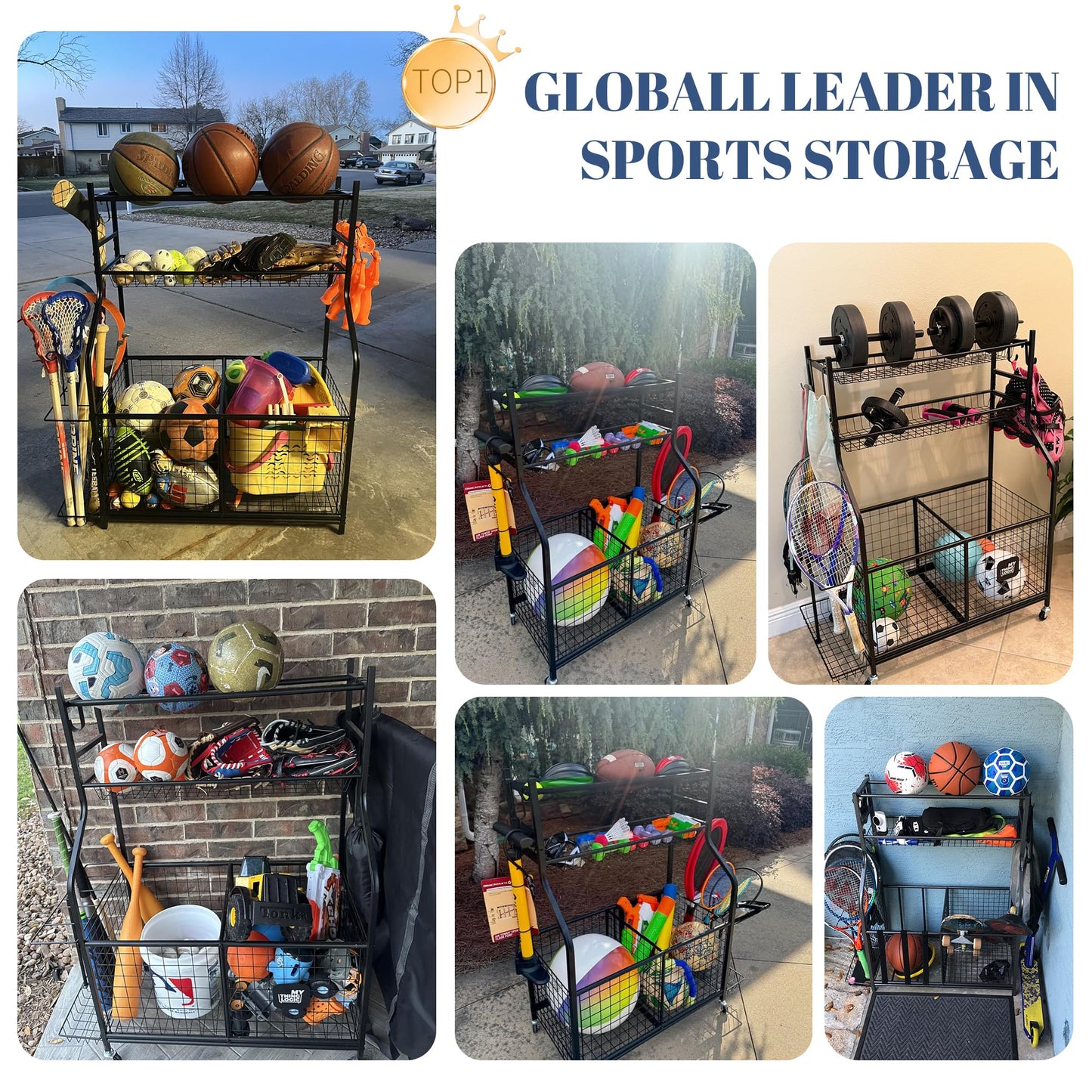 Mythinglogic Sports Equipment Garage Organizer,Garage Ball Storage for Sports Gear and Toys, Rolling Ball Cart with Wheels for Indoor/Outdoor Use