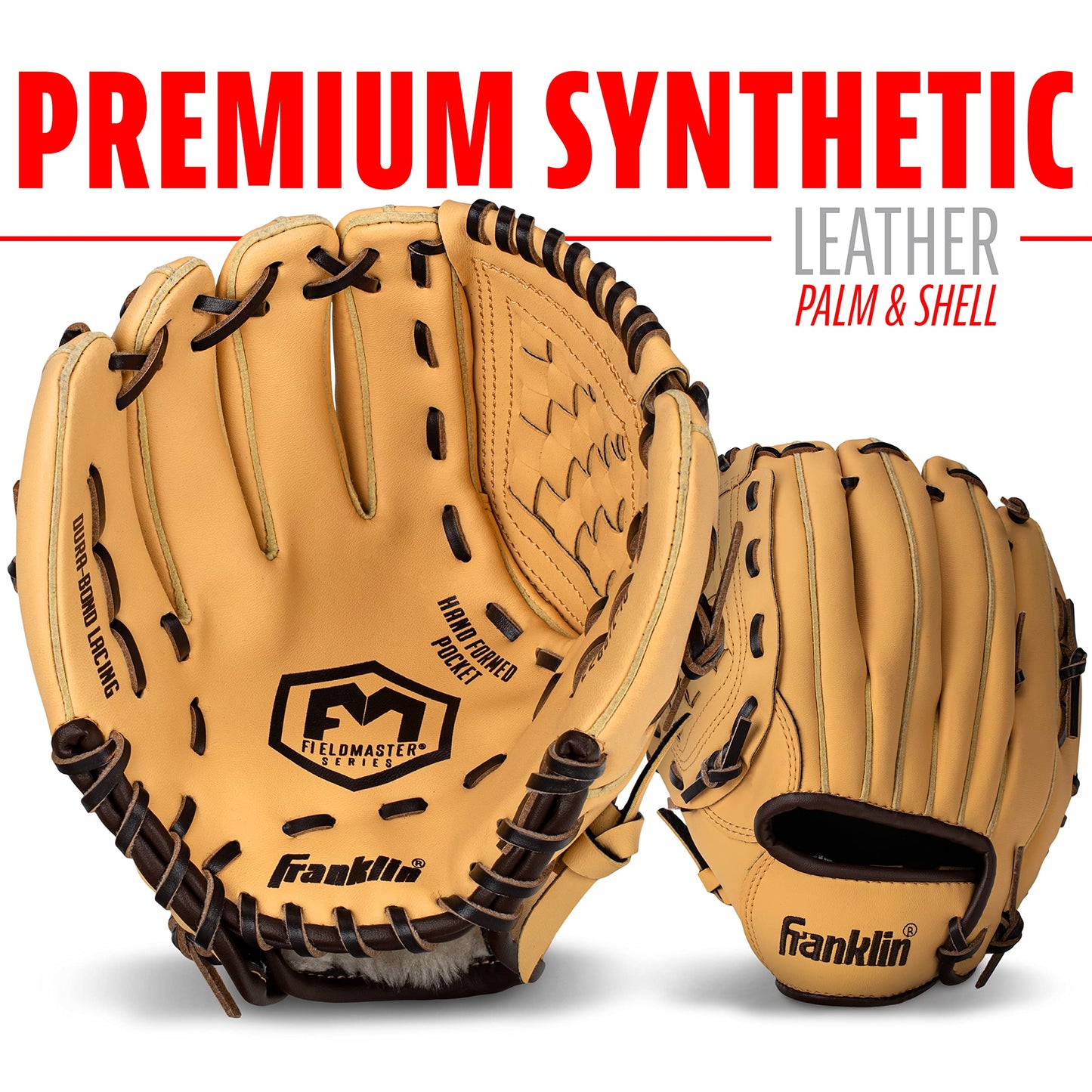 Franklin Sports Baseball + Softball Glove - Field Master Baseball + Softball Mitt - Youth Glove - Left Hand Throw - 10" - Camel Brown