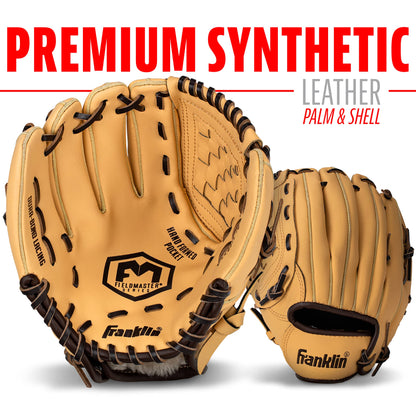 Franklin Sports Baseball + Softball Glove - Field Master Baseball + Softball Mitt - Youth Glove - Left Hand Throw - 10" - Camel Brown