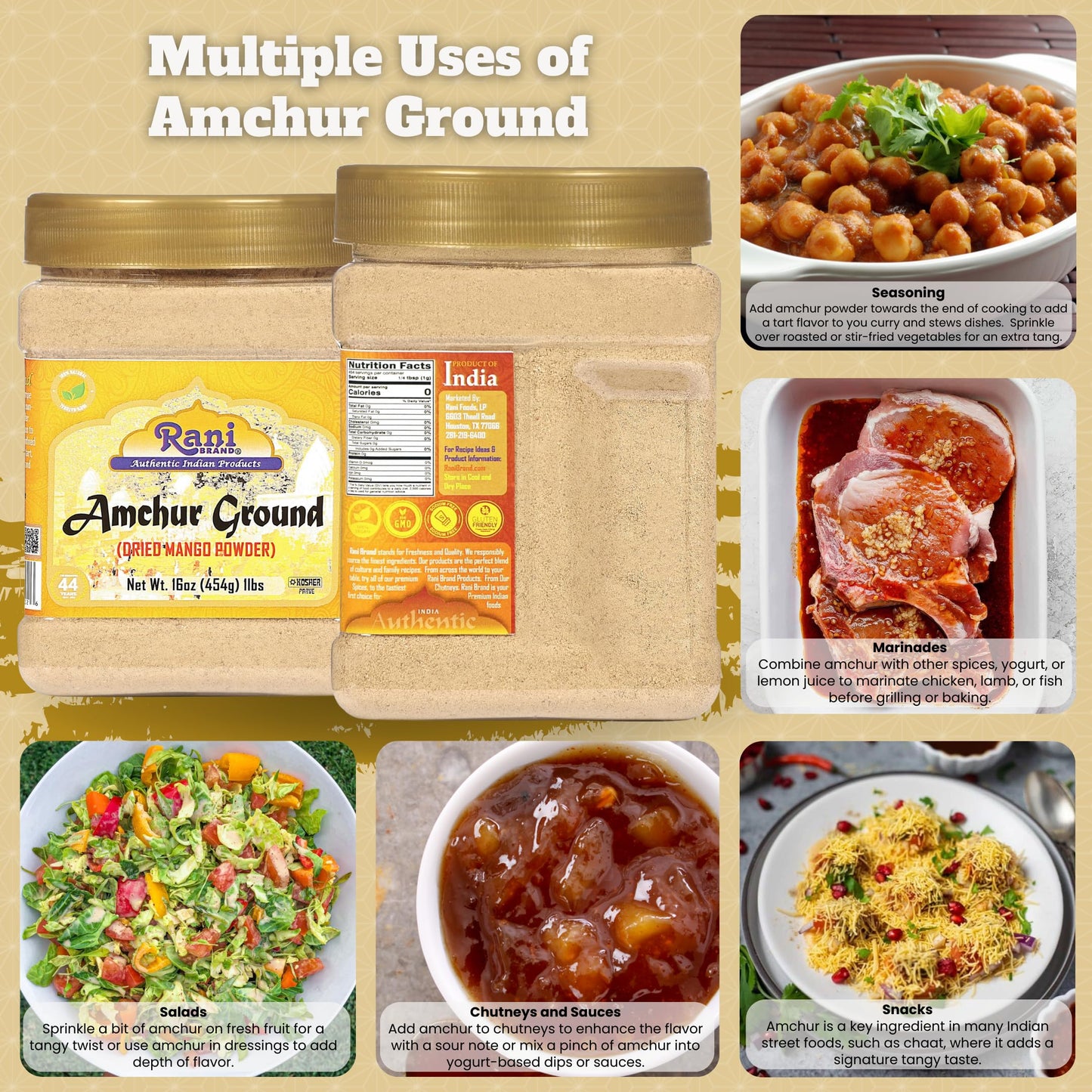 Rani Amchur (Mango) Ground Powder Spice 16oz (1lb) 454g PET Jar ~ All Natural, Indian Origin | No Color | Gluten Friendly | Vegan | NON-GMO | Kosher | No Salt or fillers