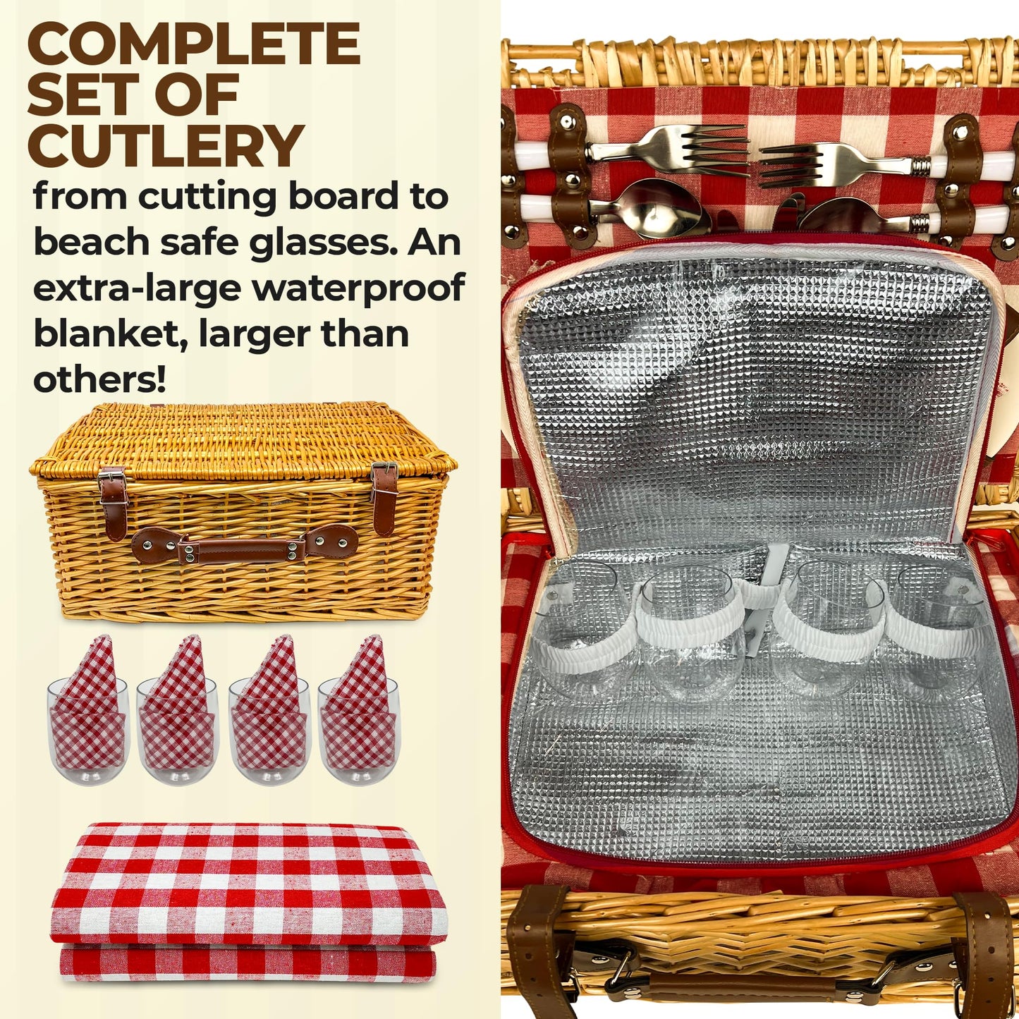 Nature Gear Picnic Basket, Wicker Basket with Handle for Outdoors, Insulated Woven Basket, Includes a Service Kit of Dinnerware & Wine Glasses, Picnic Basket Set for 4 with Blanket, Red & White