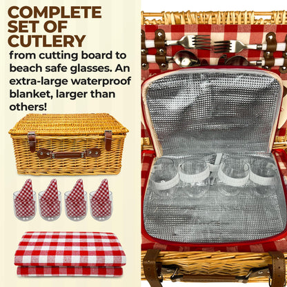 Nature Gear Picnic Basket, Wicker Basket with Handle for Outdoors, Insulated Woven Basket, Includes a Service Kit of Dinnerware & Wine Glasses, Picnic Basket Set for 4 with Blanket, Red & White