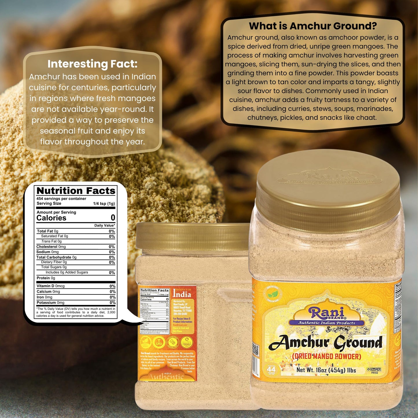 Rani Amchur (Mango) Ground Powder Spice 16oz (1lb) 454g PET Jar ~ All Natural, Indian Origin | No Color | Gluten Friendly | Vegan | NON-GMO | Kosher | No Salt or fillers