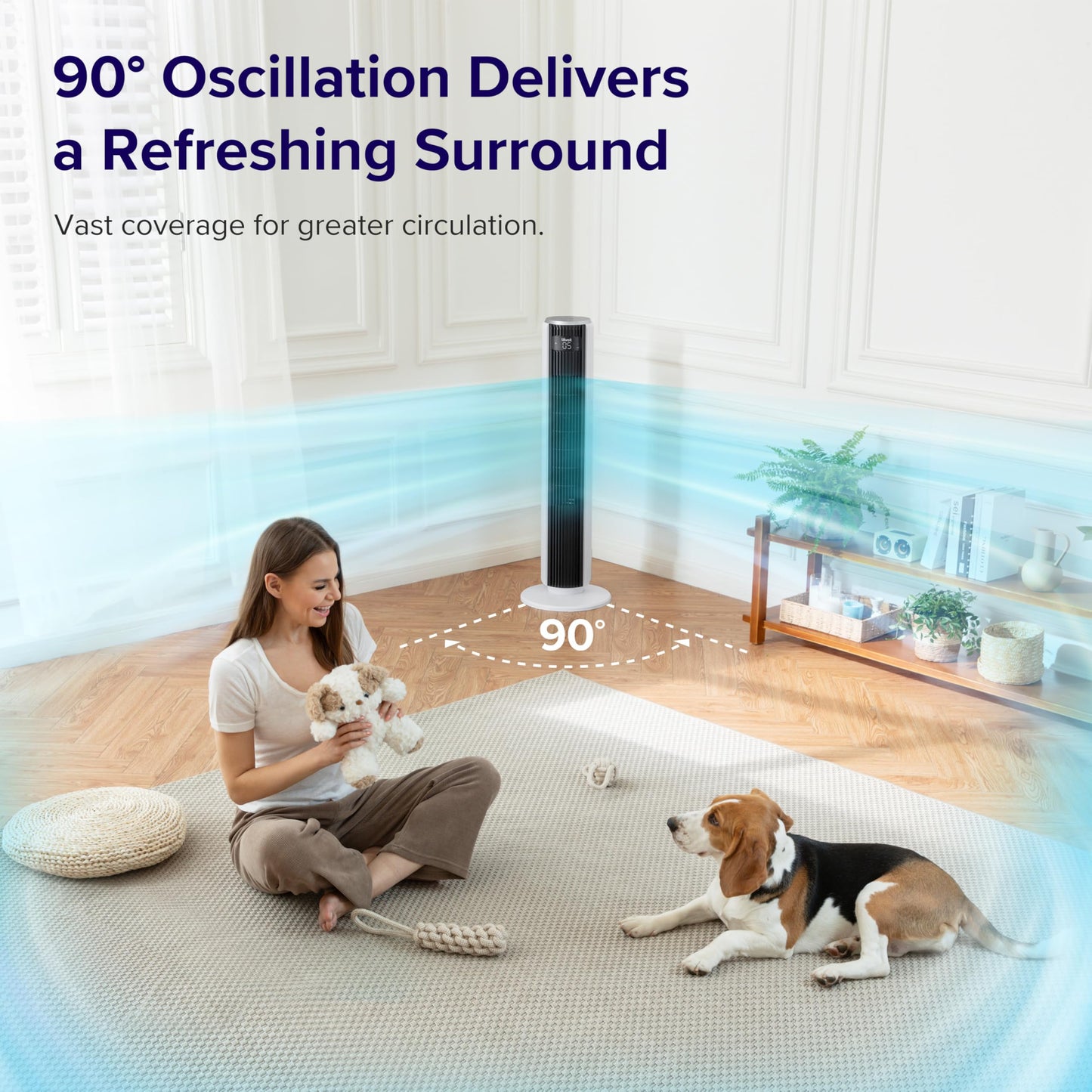 LEVOIT Tower Fan for Bedroom, Standing Fan with 28dB Quiet for Sleep, Remoter, 12H Timer, 25ft/s Velocity, 5 Speeds, 4 Modes, 90° Oscillation for Home, Office, Indoor, Bladeless 36 inch, White