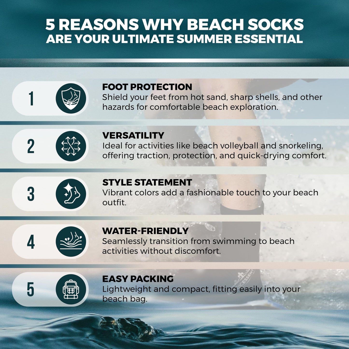 Nordic Essentials Aqua Beach Socks - 1 Pair - For Sand Soccer, Volleyball, Swim, Diving, Snorkel Equipment for Men, Women, Kids, Youth - Neoprene Lycra Waterproof Booties - Sun Protection S - Black