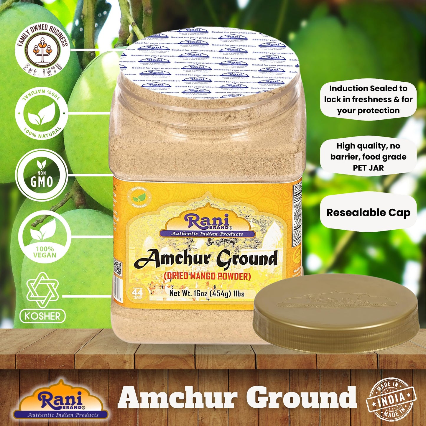 Rani Amchur (Mango) Ground Powder Spice 16oz (1lb) 454g PET Jar ~ All Natural, Indian Origin | No Color | Gluten Friendly | Vegan | NON-GMO | Kosher | No Salt or fillers