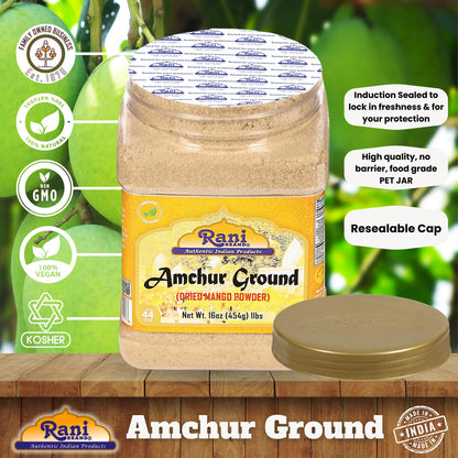 Rani Amchur (Mango) Ground Powder Spice 16oz (1lb) 454g PET Jar ~ All Natural, Indian Origin | No Color | Gluten Friendly | Vegan | NON-GMO | Kosher | No Salt or fillers