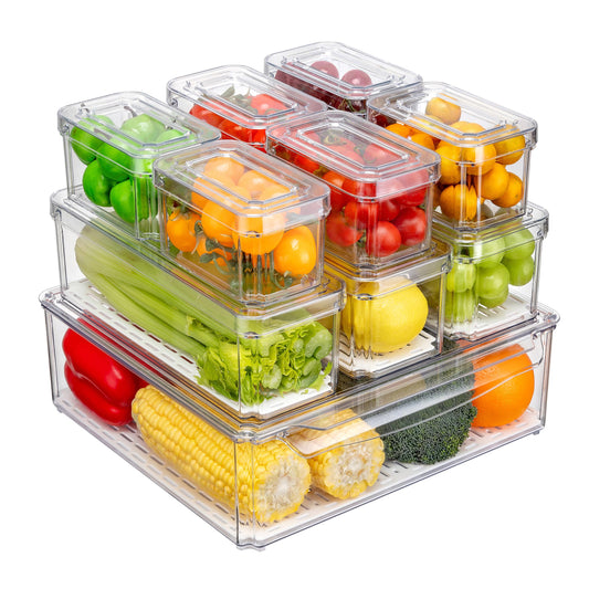 Pure Future 10-Pack Fridge Organizer – Stackable Refrigerator Storage Bins with Lids – BPA-Free Clear Fruit Storage Containers for Vegetables, Food & Drinks