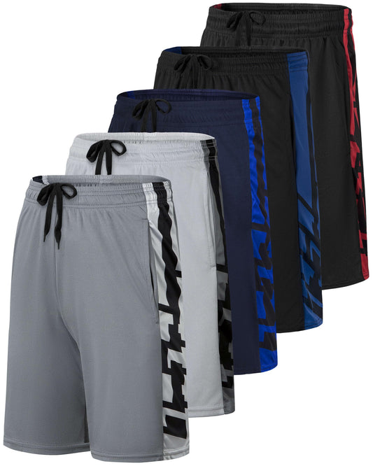 Real Essentials: Men’s 5 Pack 9" Mesh Shorts – Athletic Gym, Workout, Basketball, Running, Casual Lounge Activewear Pockets, Set 2,XXL