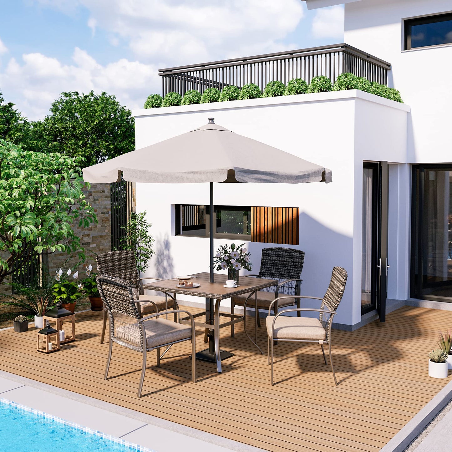 Pamapic Outdoor 5-Piece Patio Dining Set, Weather Resistant PE Rattan Table and Chairs, Comfortable Cushions, Easy Maintenance, 5 PCS, Beige