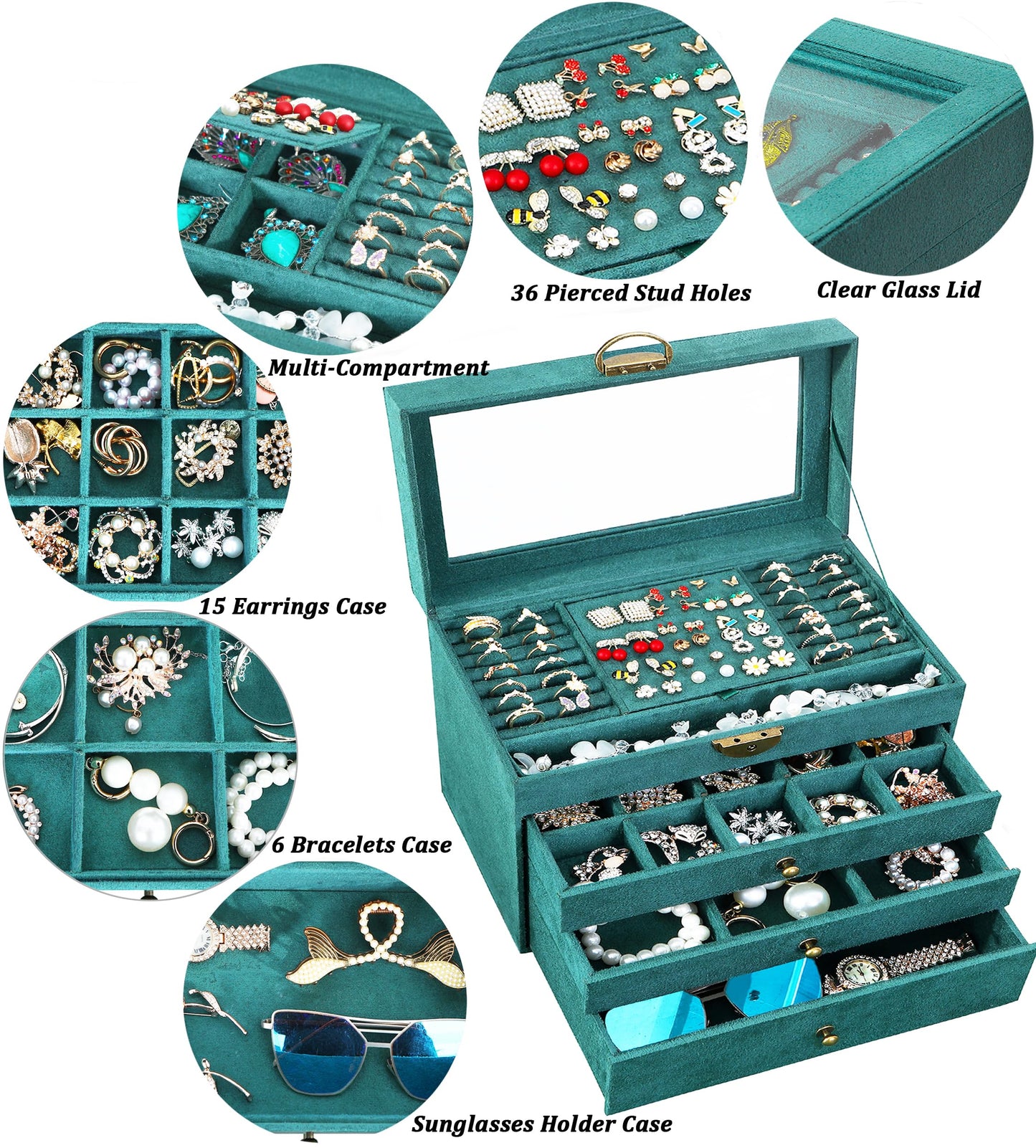 QBestry Large Jewelry Box for Women with Lock,4 Layer Glass Lid Jewelry Organizer with Drawers,Green Velvet Jewelry Storage Organizer Box for Bracelet Ring and Earring Jewelry Box with Sunglass Holder