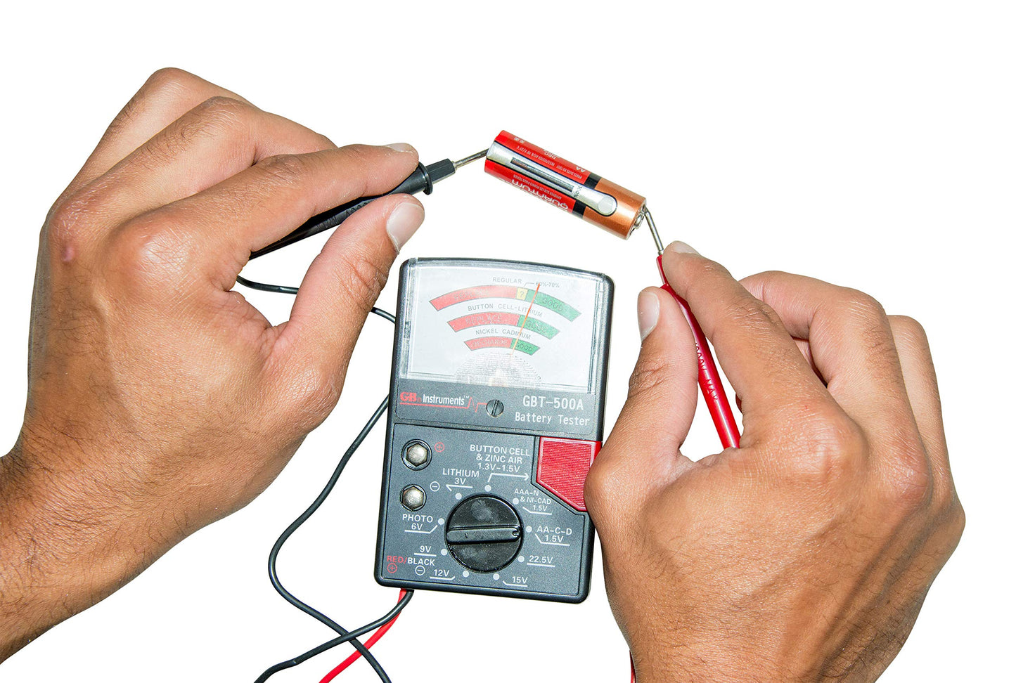 Gardner Bender GBT-500A Analog 1.5 V Button Cell/22.5 Photo/AA/AAA/12 V/9 V/Lantern Cells & More, Leads Battery Tester,14 Battery Range, Black