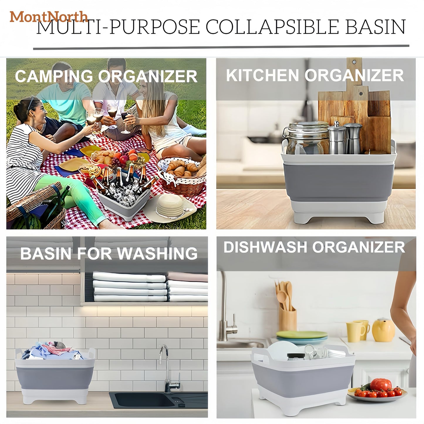MontNorth Collapsible Wash Basin 9L, Foldable Dish Tub with Drain Plug, Portable Collapsible Dish Basin, Camping Sink for Washing Dishes, Laundry & Kitchen Use,Gray