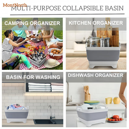 MontNorth Collapsible Wash Basin 9L, Foldable Dish Tub with Drain Plug, Portable Collapsible Dish Basin, Camping Sink for Washing Dishes, Laundry & Kitchen Use,Gray