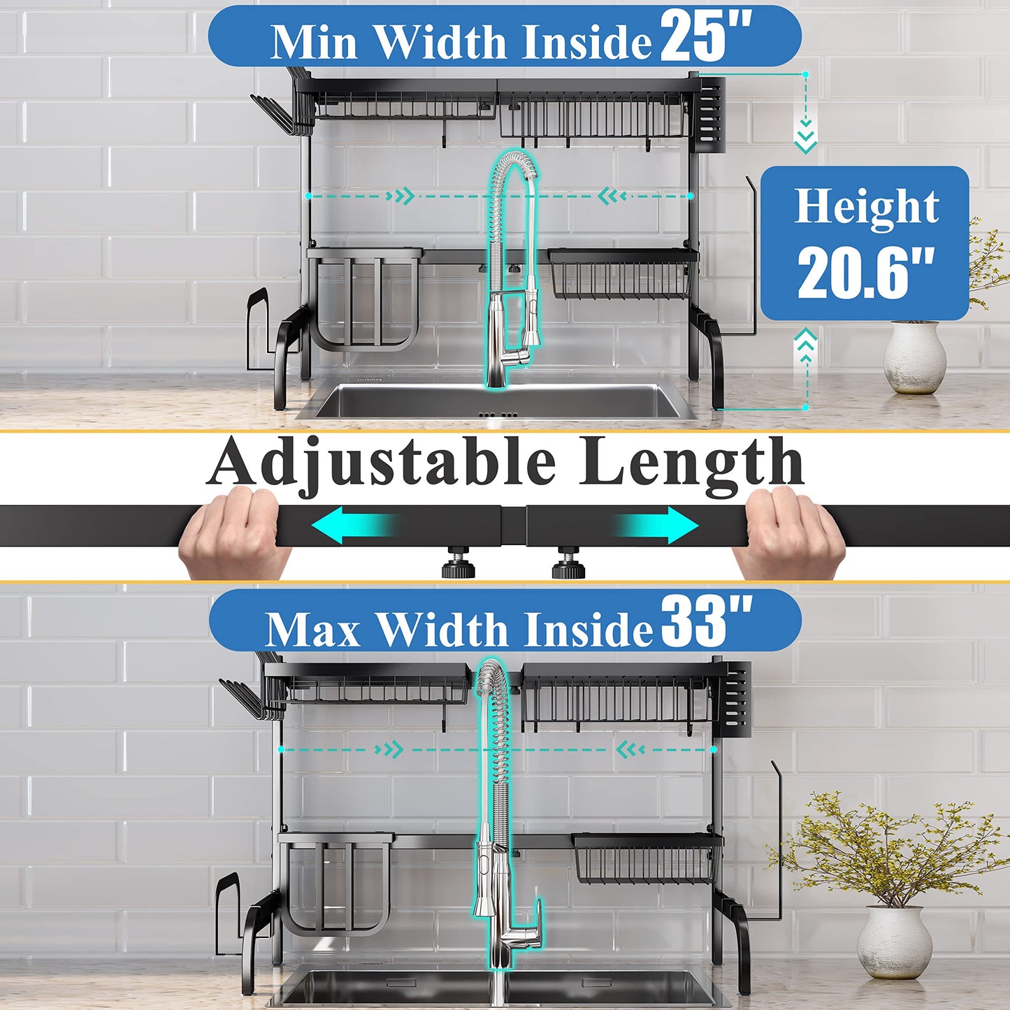 Over The Sink Dish Drying Rack, Adjustable (25.5 to 33.5 inch) 2 Tier Metal Steel Dish Drying Racks for Kitchen Counter with Hooks Paper Towel Utensil Cup Holder Sink Caddy (Black)