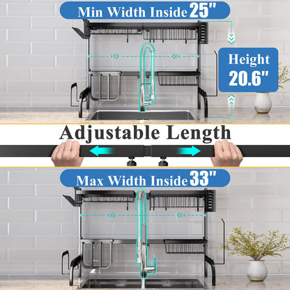Over The Sink Dish Drying Rack, Adjustable (25.5 to 33.5 inch) 2 Tier Metal Steel Dish Drying Racks for Kitchen Counter with Hooks Paper Towel Utensil Cup Holder Sink Caddy (Black)