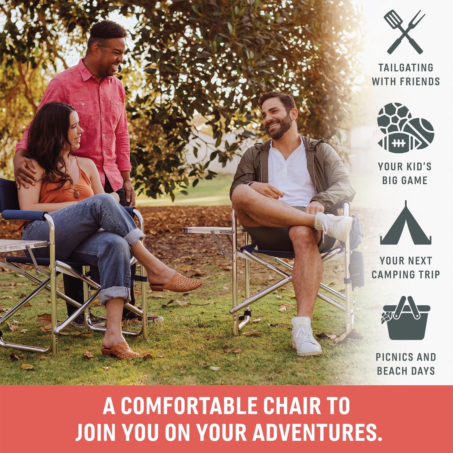 PICNIC TIME Sports Chair with Side Table, Outdoor Foldable Padded Adult Camping Chairs with Cup and Accessory Panel for Lawn, Beach, & Sports Use for Adults, up to 300-lbs Capacity, (Red)