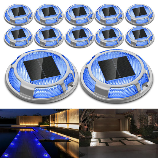 FabStyl Solar Driveway Lights Dock Lights Waterproof 12 Pack, 2 Colors in 1 Outdoor LED Solar Deck Lights, Solar Powered Walk Way Light Road Marker for Warning Stair Pathway Patio(Blue & White)
