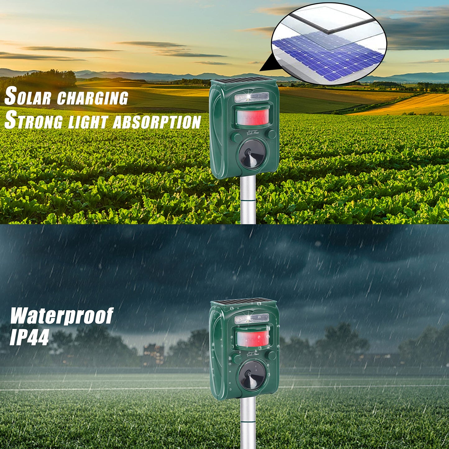 Lulu Home 2 Packs Ultrasonic Animal Repeller, Weatherproof Solar Powered Rodent Repeller with Motion Activated Flashing LED Light, Repel Dogs, Cat, Squirrels, Raccoon, Rabbit, Fox & More