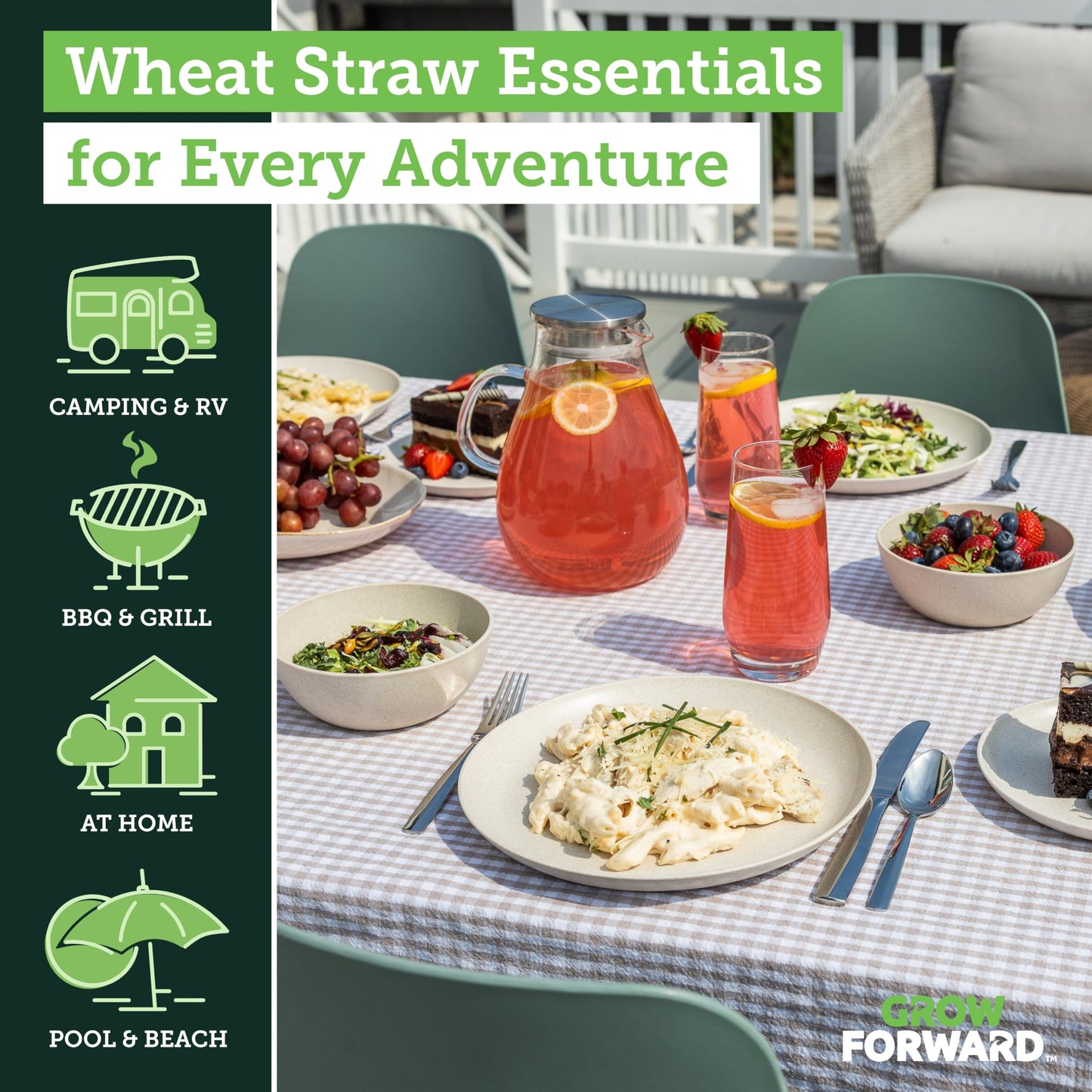 Grow Forward 16-piece Premium Wheat Straw Dinnerware Sets for 4 - Unbreakable Dishwasher & Microwave Safe Plastic Plates and Bowls Sets - Patio, Outdoors, RV, Camping Dishes - Sahara