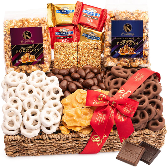 KREMERY Creamy Chocolate Cravings - Chocolate Covered Pretzels & Caramel Popcorn Gift Basket, in Seagrass Tray + Ribbon (Premium, 2.5 lbs) Food Arrangement, Food Assortments USA Made