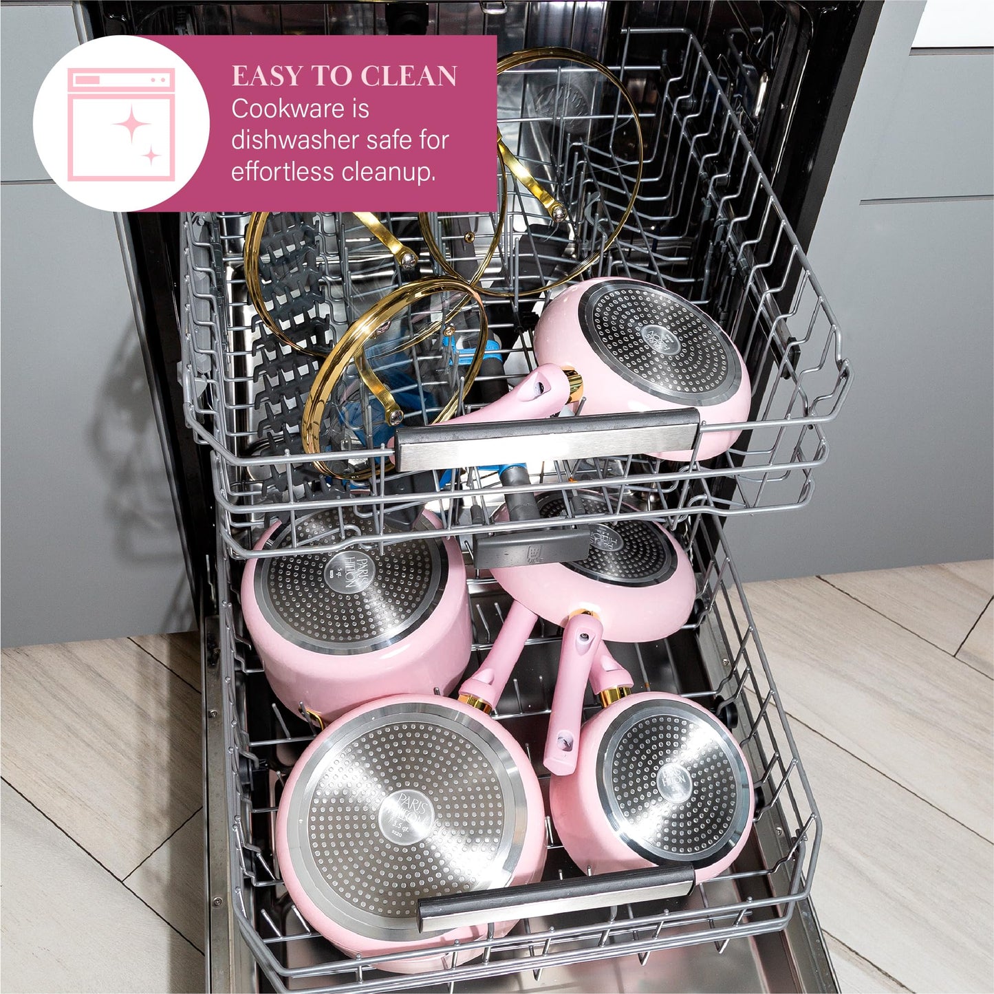 Paris Hilton Epic Nonstick Pots and Pans Set, Multi-layer Nonstick Coating, Tempered Glass Lids, Soft Touch, Stay Cool Handles, Made without PFOA, Dishwasher Safe Cookware Set, 12-Piece, Pink