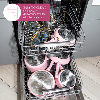 Paris Hilton Epic Nonstick Pots and Pans Set, Multi-layer Nonstick Coating, Tempered Glass Lids, Soft Touch, Stay Cool Handles, Made without PFOA, Dishwasher Safe Cookware Set, 12-Piece, Pink