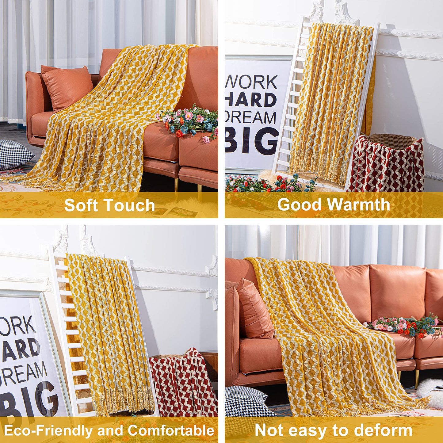 NTBAY Acrylic Knitted Throw Blanket, Lightweight and Soft Cozy Decorative Woven Blanket with Tassels for Travel, Couch, Bed, Sofa, 51x67 Inches, Mustard Yellow Wave